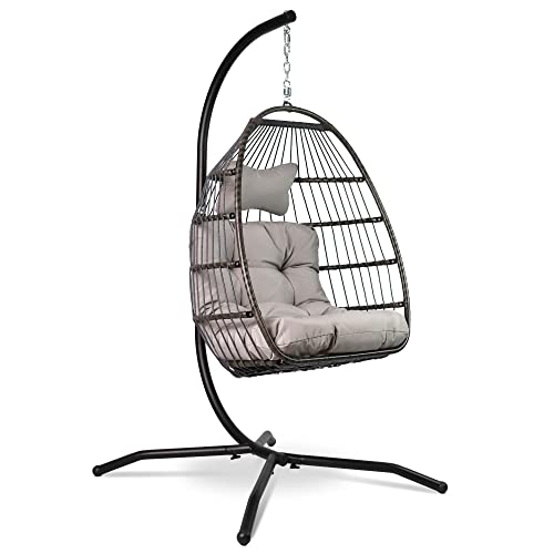 VITA5 Hängesessel mit Gestell - Bequemer Hängekorb Sessel - Rattan Hängesessel Outdoor und Indoor - Boho Egg Schaukel für Terrasse&Leseecke - 150 kg Tragkraft (Grau)