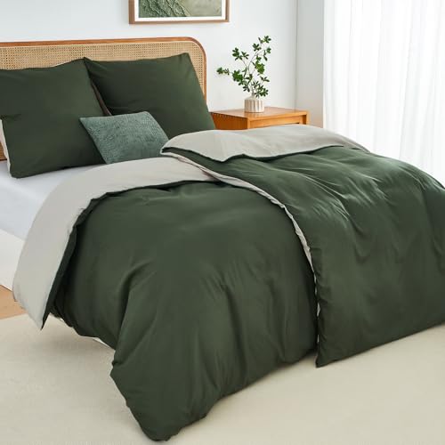 Duvetnova Bettwäsche 135x200 4teilig Olivgrün/Beige Bettwäsche-Sets Microfaser ÖKO-TEX Wendebettwäsche, weich & bügelfrei 2 Bettbezüge 135 x 200 + 2 Kissenbezüge 80x80 -alle mit Reißverschluss