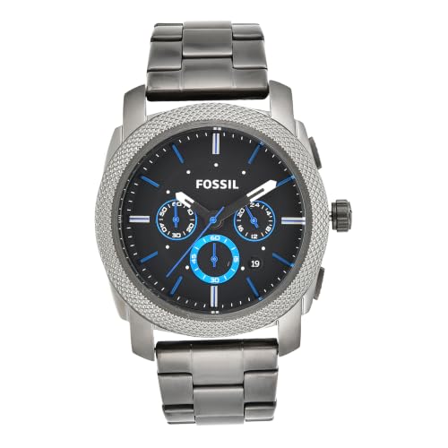 Fossil Machine Uhr für Herren, Chronographenwerk mit Edelstahl- oder Lederarmband, Grau und Blau, 45MM
