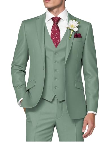 HUUTOE Herren 3-teiliger Anzug Slim Fit Business Hochzeit Trauzeugen Abschlussball Anzüge EIN-Knopf-Blazer Jacke Weste Hose Smoking Set, Salbeigrün, M
