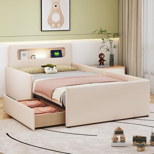 Dolamaní Modern Jugendbett 90x200 cm Polsterbett, Bett mit Lattenrost & Stauraum, Polster Kopfteil mit LED Nachtlicht & USB-Ladeanschluss, Kunstleder, Kinderbett für Jungen & Mädchen (Beige)