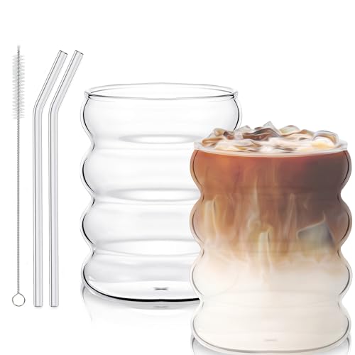 Gläser-Geriffelte Gläser-300 ml Kaffee Gläser set of 2 with Glasstrohhalme-Gerippte Trinkgläser-Wave Glas für Gastronomie, Wasser, Saft, Bier, Universalgläser