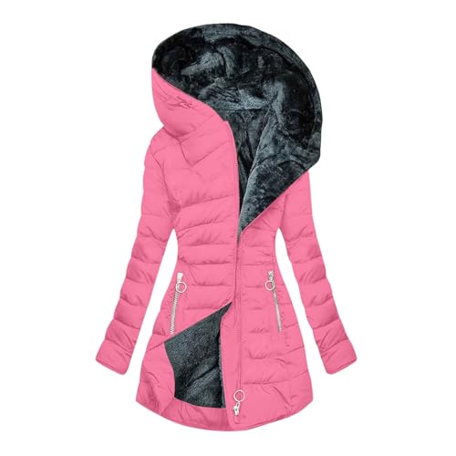 Daunenmantel Damen Lang, Warm Gefüttert Steppjacke Lange Elegant Damenmantel Langarm Winter Parka Jacke mit Kapuze Winterparka Mantel Einfarbig Bequemes Sportjacke Winddicht Outdoorjacke, Rosa, L