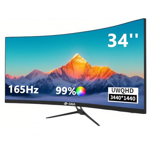 CRUA 34Inch Ultrawide Gaming Monitor,(3440 * 1440P) 165Hz Curved Monitor,99% sRGB,Computer Monitor Supports AMD Freesync,Wall Mountable Installs(HDMI,DP) WQHD Monitor for Gaming,Photo Editing