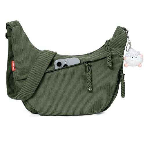 Captain Blues Umhängetasche Damen Crossbody Bag Cord Tasche Halbmond Tasche Damen, Verstellbare Schultertasche mit Reißverschluss und Baumwollfutter, Ideal für Arbeit, Reisen und Uni (Grün)