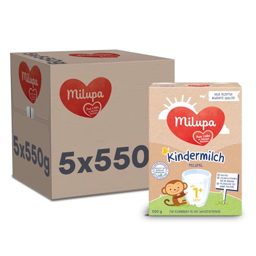 Milupa Milumil Kindermilch 1+ – Ab 1 Jahr – Für Kleinkinder in der Wachstumsphase – Begleitet die natürliche Entwicklung – 5 x 550 g Pulver