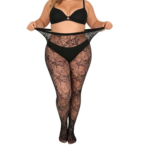 Lusofie 2 PCS Übergröße Spitze Strumpfhose, Elastisch Schwarze Strumpfhosen für Damen Grosse Netzstrumpfhose Mit Hoher Taille Festival Outfit