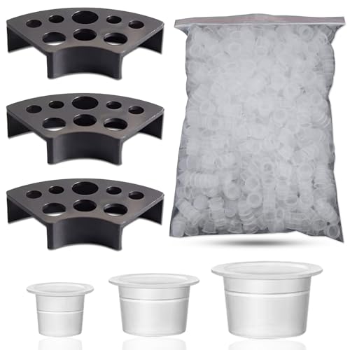 Emalla 3 Stück Tattoo-Becherhalter(Schwarz) mit 300pcs Tattoo-Tintenkappen 300pcs Tattoo-Tintenbecher 100 Klein 100 Mittel 100 Groß für Tattoo-Zubehör