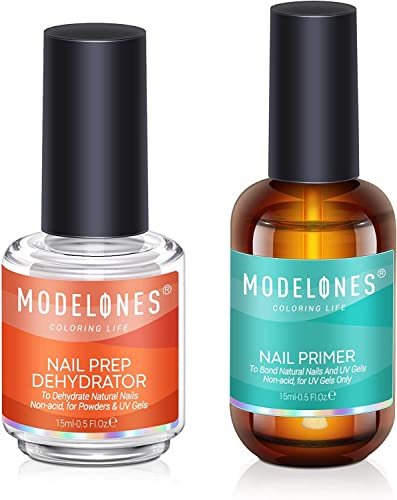 Modelones Primer für Gelnägel Dehydrator für Nägel, 15ml Professional Acid Free Nail Prep Natural Air Dry Superior Bonding Primer Set fur Nail Art UV Gel Nagellack Acrylnägel Geschenke für Frauen