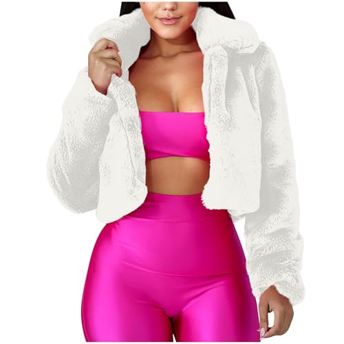 Generisch Pelzmantel Damen Kurz Felljacke Modisches Einfarbig Kunstfell Langarm Revers Plüschjacke Dicker Fleecemantel Flauschig Wintermantel Warmer Winterjacke Shaggy Oberbekleidung Streetwear