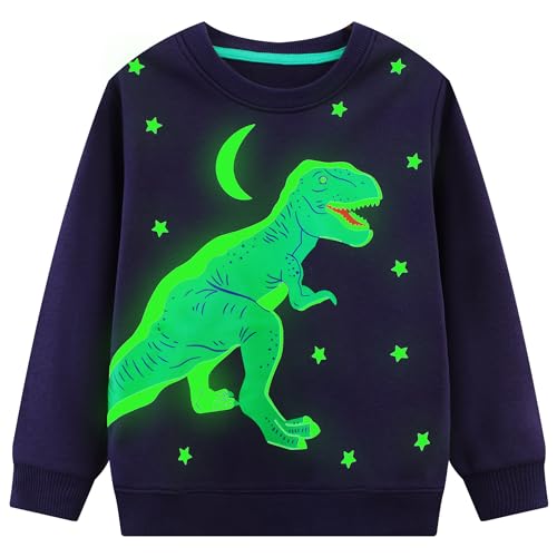 FILOWA Sweatshirt Jungen Leuchtend Dinosaurier Pullover, Gr.110-116, Blau | Kinder Ohne Kapuze Sweater, Weich Langarm Sweatshirt, Bequem Sport Top, Warm Baumwolle Pulli, Herbst Winter Oberteil