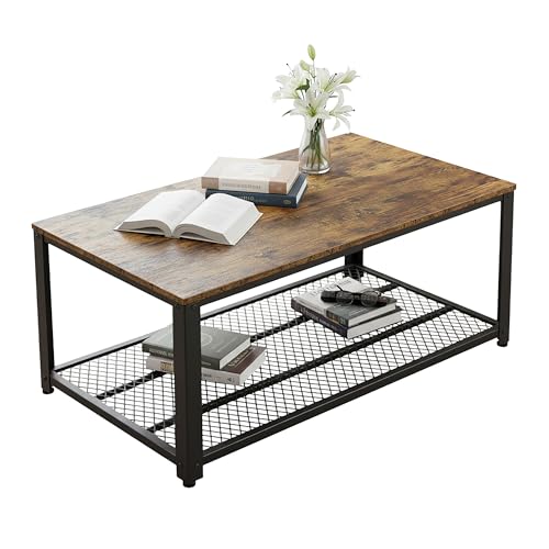 Relaxdays Couchtisch, Industrial Style, HxBxT: 45 x 106 x 60cm, Holzoptik, Gitterablage, Wohnzimmertisch, braun/schwarz