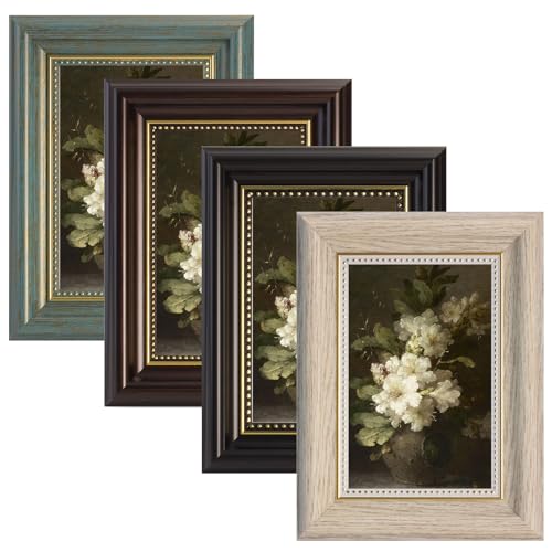 4 Stück Bilderrahmen Vintage Set, 10x15 cm Bilderrahmen Retro Quadrat, Fotorahmen zum Aufstellen und Aufhängen, Fotorahmen für Wohnzimmer, Schlafzimmer, Galerie (Schwarz, Kaffee, Holzweiß, Grün)