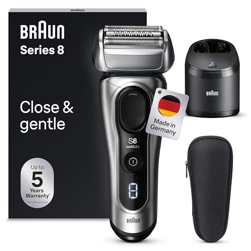 Braun Series 8 Rasierer Herren mit 4+1 Scherkopf, Elektrorasierer, Präzisions-Langhaarschneider, Reinigungsstation, 60 Min Laufzeit, Wet & Dry, Made in Germany, 8567cc, silber