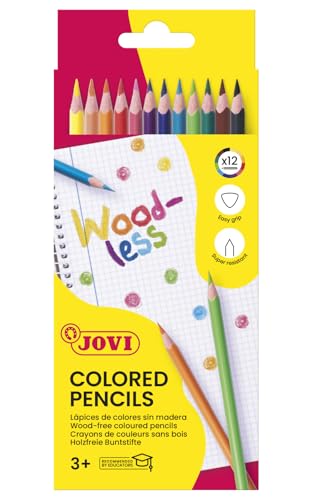 Jovi Buntstifte Woodless, holzfrei, 3-kant Form, ab 3 Jahren, bruchsicher, 12 Farben in einer Schachtel