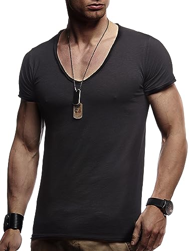 Leif Nelson Sommer T-Shirt Herren V-Ausschnitt (schwarz, Größe S) - Coole Tshirts V-Neck Baumwolle - Basic Shirts Männer Kurzarm tiefem Ausschnitt