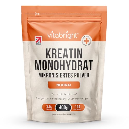 Kreatin Monohydrat Pulver 400 g | 114 Portionen | 200 Mesh ultrafein mikronisiert | Schnell lösliches Creatin | Vegan | VitaBright