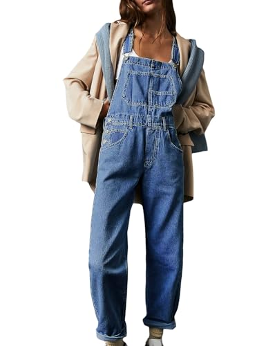 Vanchenl Damen Casual Denim Jean Overalls Lose Verstellbare Träger Baggy Latzhose Bib Romper Jumpsuit Harem Hosen Dunkelblau M