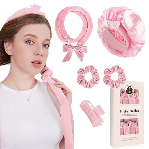 Locken Ohne Hitze,Samt Lockenwickler Über Nacht mit Schlafmütze, Hair Curler DIY Haare Lockenband Frisurenset,Lockenwickler Über Nacht,Heatless Curls Band für Langes Mittleres Haar-Rosa