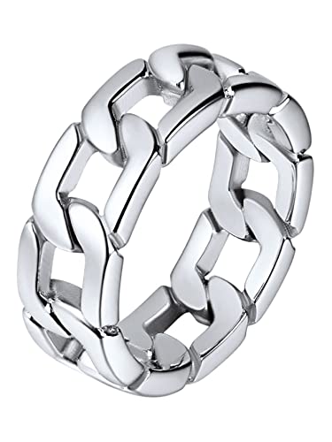 U7 Edelstahl Massiv Kettenring für Männer Großer Ring Hip Hop Street Style Fingerring Cuban Link Panzerkette Rockerring Silberring Modeschmuck für Vatertag Halloween(Ring Größe 62.1)