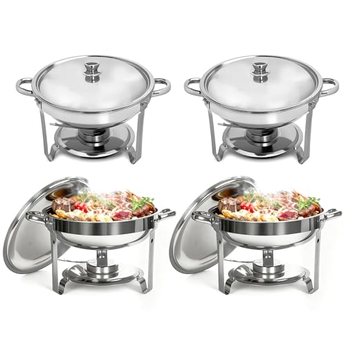 5L Chafing Dish Set 4er Pack, Edelstahl Warmhaltebehälter Essen, Speisenwärmer mit Rollrand-Design für Catering, Buffet und Party