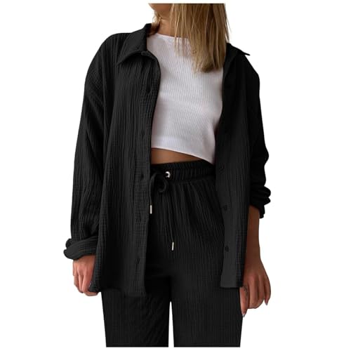 BOSSETY Musselin Bluse Damen Zweiteiler Sets Elegant Freizeitanzug Casual Oberteile und Weite Beine Hose Lange Hosenanzug 2-teiler Set Sommer Herbst Outfit