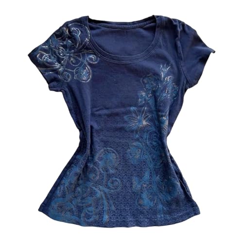 Y2k Tops Damen Vintage Sommerhemd 2000er Jahre Outfit Gothic Grafik T-Shirts Ästhetisch Emo T-Shirt Baggy Oberteil Punk Freizeithemd Atmungsaktiv Streetwear Leicht Loungewear