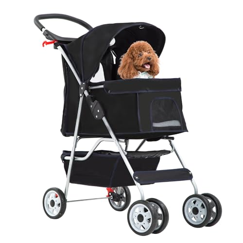 FDW Hundewagen, Faltbar Hundebuggy, Katzenwagen mit 2 360°Drehrädern, Inkl. Aufbewahrungskorb,Kissen&Netzfenstern Getränkehalter 4 Räder, bis 15 kg, Klappbar Haustierbuggy Jogger Buggy, Schwarz