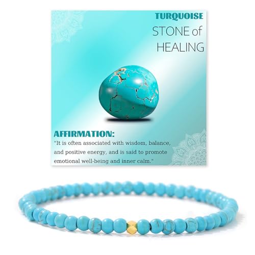 JENCVNL 4mm Naturstein Perlen Stretch Armband Damen Echtes Naturstein Armband mit 18K Gold Perlen Edelsteine Stretch Armbänder Perlenarmband (Türkis)