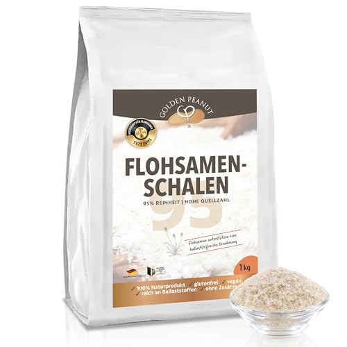 GOLDEN PEANUT Flohsamenschalen 1 kg 95% Reinheit hohe Quellzahl, glutenfrei, ballaststoffreich, vegan, Naturprodukt