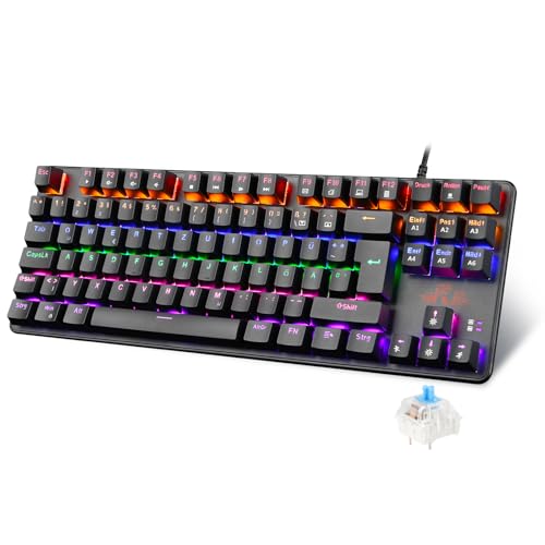 Rii Gaming Tastatur TKL QWERTZ, TKL Tastatur Mechanisch, Blaue Schalter (Laut), Tastatur Kabel (Nicht Hot-Swap-Fähig, Schäfte sind Nicht austauschbar)