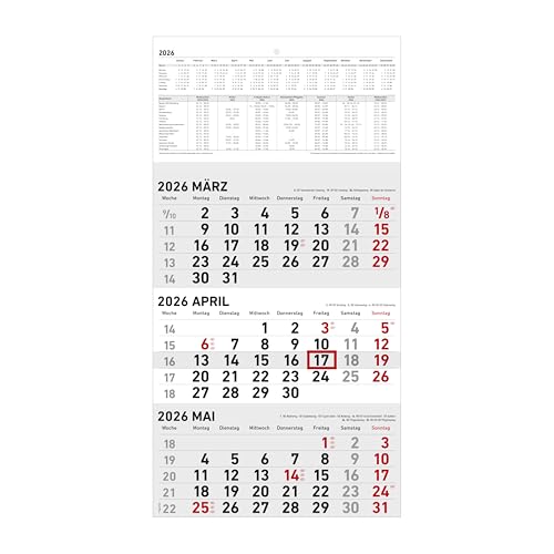 Zettler 3-Monatskalender klein 2026 – Wandkalender 24 × 34 cm faltbar, 3 Monate auf 1 Blatt mit Datumschieber, Wochenzählung, Mondphasen, Feiertage, Landschaftsmotiv, deutsch, B4-Versandtasche