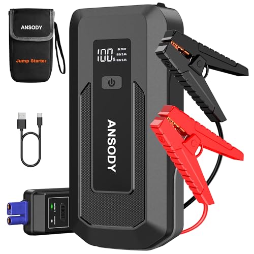 ANSODY 3000A Starthilfe Powerbank für Pkw (Bis zu 10L Benzin/8L Diesel), Auto 12V PKW Starter Powerbank mit LED,Batterie Booster Jump Starter Powerpack mit Starthilfekabel,Grau