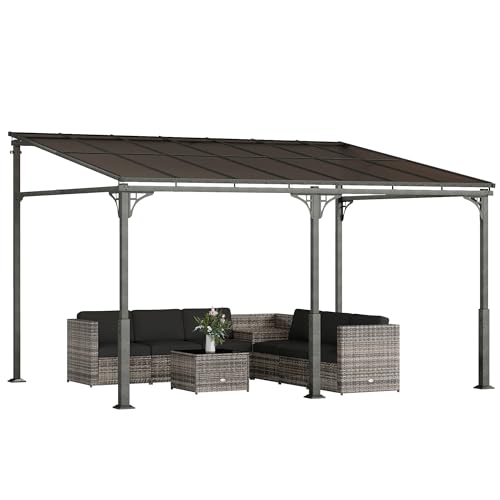 Outsunny Anbaupavillon 4 x 3m Terrassenüberdachung mit schrägen Polycarbonat-Dach Metall-Aluminium-Rahmen, Pergola zur Wandmontage Terrassendach Anlehn Pavillon für Terrasse, Hinterhof Braun