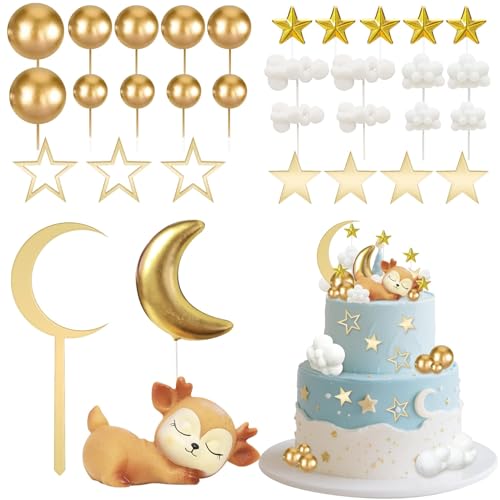 33 Stück Tortendeko,Baby Tortendeko mit Mond Stern Wolken & Rehkitz Cake Topper, Geburtstag Baby party Kuchen Dekoration, Baby Dusche Kuchen Deko,für Geburtstagstorte & Party Dekoration Kind