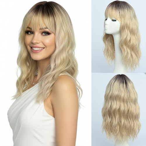 SIMKAYLEE Lange Blonde Perücke mit Pony für Frauen Mittellange Perücke mit Dunkler Wurzel Damen Natürliche Lange Gewellte Fransen Knall Perücken Hitzebeständige Haare für tägliche Party (40cm)