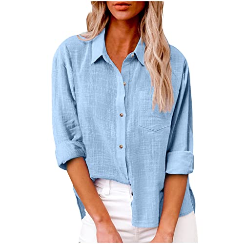 Damen Leinen Hemd Elegant mit Knopfleiste Tasche Sommer Oversized Kurzarm Blusen Langärmeliges Shirt Oberteile Reverskragen Elegant Shirts Bluse Oberteile Einfarbig Basic Unterhemd Top