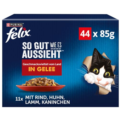 FELIX So gut wie es aussieht Nassfutter für Katzen Geschmacksvielfalt vom Land Vorteilspack, 44 praktische Portionsbeutel, zarte Stückchen in Gelee, 4 leckere Sorten, 100% vollständige Ernährung