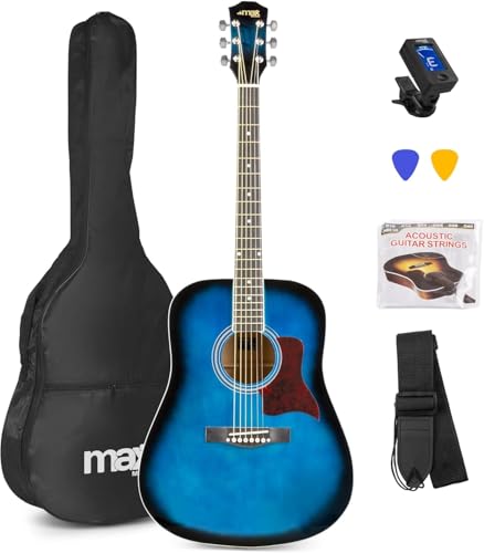 MAX SoloJam Westerngitarre, Akustik Gitarre Set, Acoustic Guitar, Akustikgitarre 4/4 mit Tasche, Plektrum, Stimmgerät, Schultergurt und Stahlsaiten, Anfängergitarre in Blau