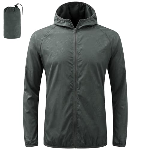 BSBUY Regenjacke Faltbar Wasserdichte, Sonnenschutzmantel Sportjacke mit Reißverschluss, Schnelltrocknend Leichte Kleidung mit Kapuze für Jahreszeiten Wandern Laufen Outdoor Angeln Camping, Grau,XL