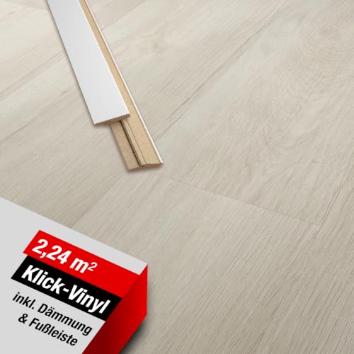 LaminatDEPOT Klick Vinylboden mit Trittschalldämmung & Sockelleiste [2,24 m²] - wasserfester Vinyl Bodenbelag mit Klicksystem - 8 extrabreite Dielen in Holzoptik Eiche [Montreal Oak White]