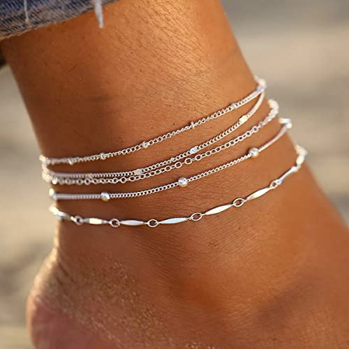 Boho Carifin Perlen Fußkettchen Mehrschichtige Silberkette Fußkettchen Brtacelets Strandzubehör Verstellbarer Fußschmuck für Frauen und Mädchen