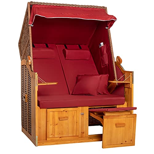 LILIMO Strandkorb Ostsee | Variante B in Bordeaux Uni | Geflecht Natur | Inkl. Schutzhülle | 2-Sitzer Ideal für Garten Terrasse und Balkon