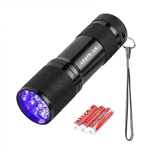 LE LED UV Schwarzlicht Taschenlampe mit 9 LEDs, mini UV Lampe Ultraviolettes Licht mit 395nm für Geocaching, Heimtierurindetektoren, Haustiere Urin-Detektor usw. Inklusive 3 AAA Batterien