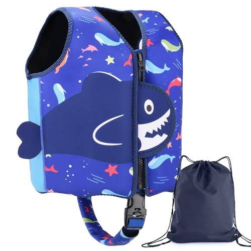 Nigecue Hochwertige Schwimmweste aus Neopren, ideale Schwimmhilfe für Baby Kinder Jungen und Mädchen, Verstellbarem Schrittgurt, inkl. Kordelzugtasche, Größe: M für 3-6 Jahre / 19-30KG