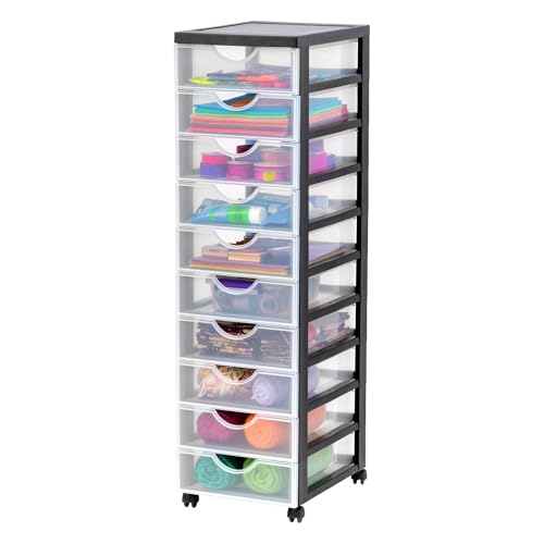 Iris Ohyama Kunststoff-Schubladenbox mit Rollen, 10 flachen Schubladen, Schwarz, Griffe zum Ziehen, Für Schlafzimmer, Schule & Büro, BPA-frei, Schubladenschrank, Rollcontainer, A4 Drawer, DDDC-010