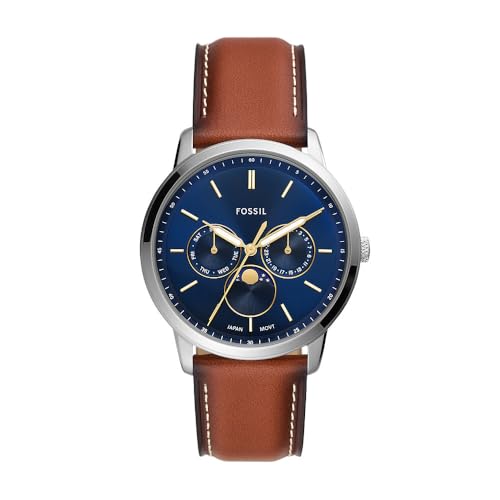 Fossil Neutra Minimalist Herren-Uhr, Quarzwerk mit Edelstahl- oder Lederarmband Hellbraun und Hellblau