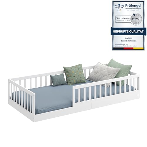 CADANI Timi 2in1 Bodenbett 90x200 cm Montessori Kinderbett mit abnehmbaren Rausfallschutz inkl. Lattenrost, Kiefer Massivholz, weiß - 3 Aufbauvarianten, bis 200 kg belastbar, umbaubar