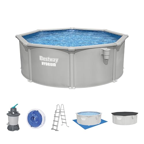 Bestway Hydrium Stahlwandpool Komplett-Set Ø 366x122 cm, rund & Granitgrau – Gartenpool 365 Tage aufstellfähig mit Sandfilteranlage & Zubehör