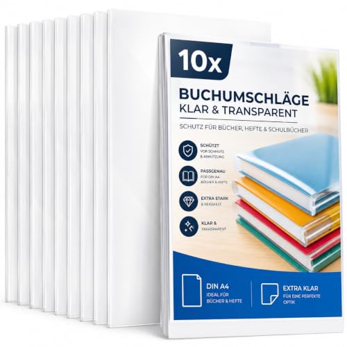 10x Buchumschlag DIN A4 für Bücher, Hefte, Schulbücher & Buchhülle & Buchschoner & Hefthülle - Heftumschlag für Schule & Büro